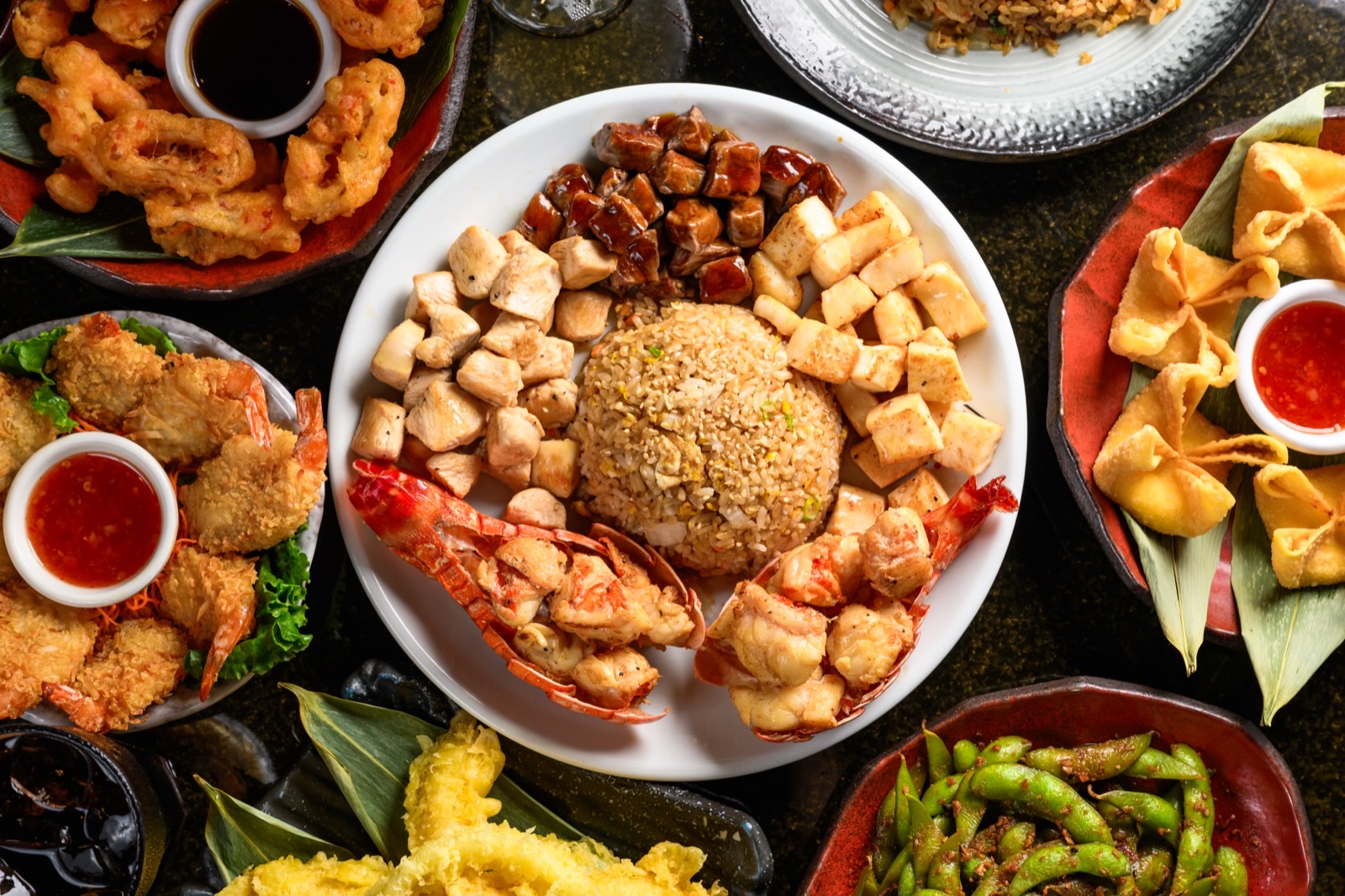 Premium hibachi dinner with filet mignon, lobster tail, shrimp, fried rice and vegetables at Jinbeh Japanese Restaurant