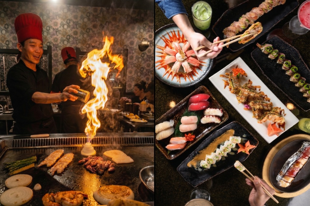 Jinbeh Japanese Restaurant β hibachi chef performing with flames alongside a premium sushi spread with nigiri, specialty rolls, and sashimi